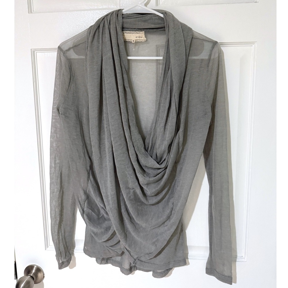 A'reve Grey Sheer Draped Cowl Neck Long Sleeve Top Size Small